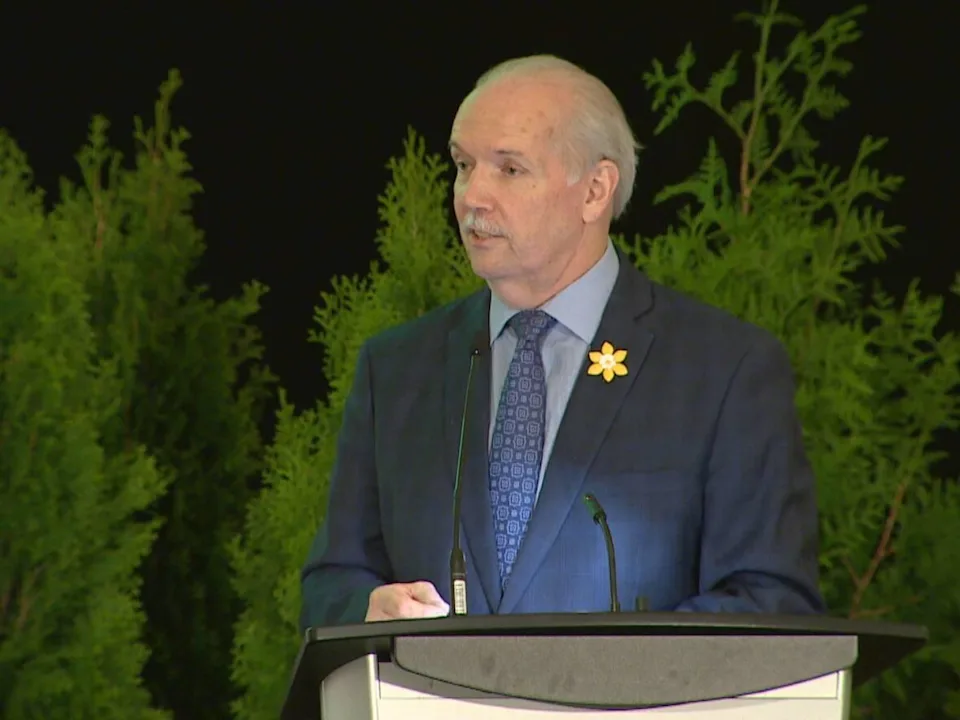 不列颠哥伦比亚省省长John Horgan在温哥华的一个林业大会上发言。