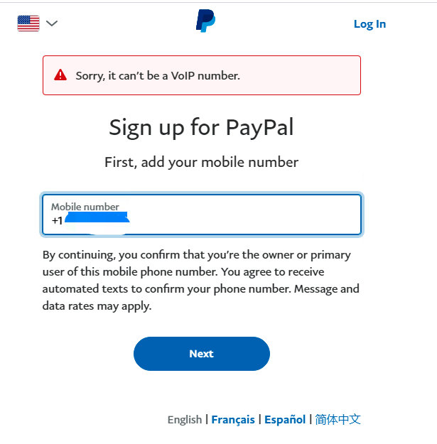 使用 Google Voice 注册美国 PayPal 提示虚拟号码